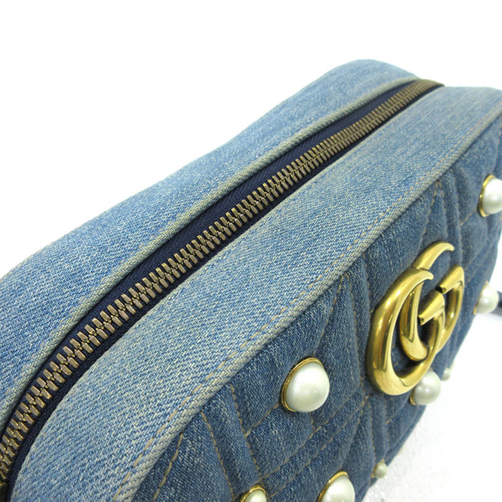 Gucci Chain Bag Denim Marmont Pearl Blue Shoulder Gg - Picture 9 of 10
